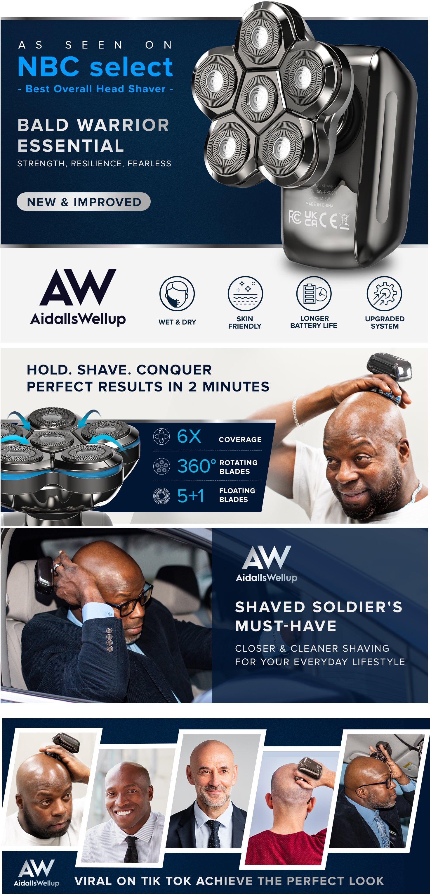AidallsWellup Head Shavers for Bald Men: As Seen on NBC select Cordless Head Shaver - Waterproof Electric Razor Grooming Kit, Dry Wet Shaving for Men