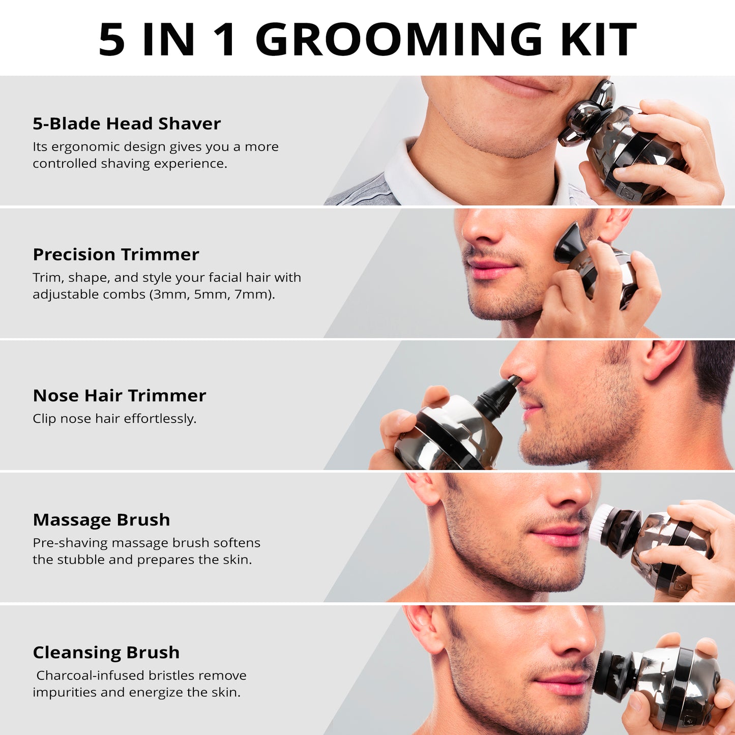 AW 5D Head Shavers for Bald Men, Anti-Pinch Electric Razor for Men, 5-in-1 Mens Grooming Kit with Nose Hair Trimmer, Beard Trimmer for Men, Waterproof and Rechargeable Electric Shavers for Men