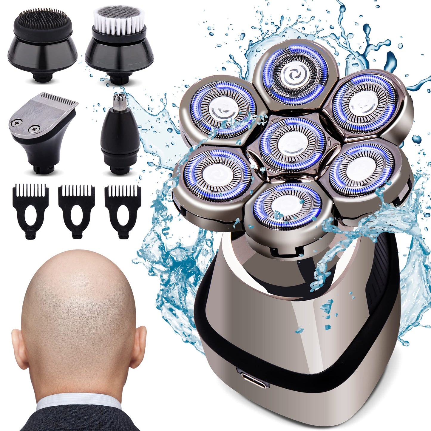 AW Robot 7D Head Shavers for Bald Men, Anti-Pinch Electric Razor for Men, 5-in-1 Mens Grooming Kit with Nose Hair Trimmer, Beard Trimmer for Men, Waterproof and Rechargeable Electric Shavers for Men